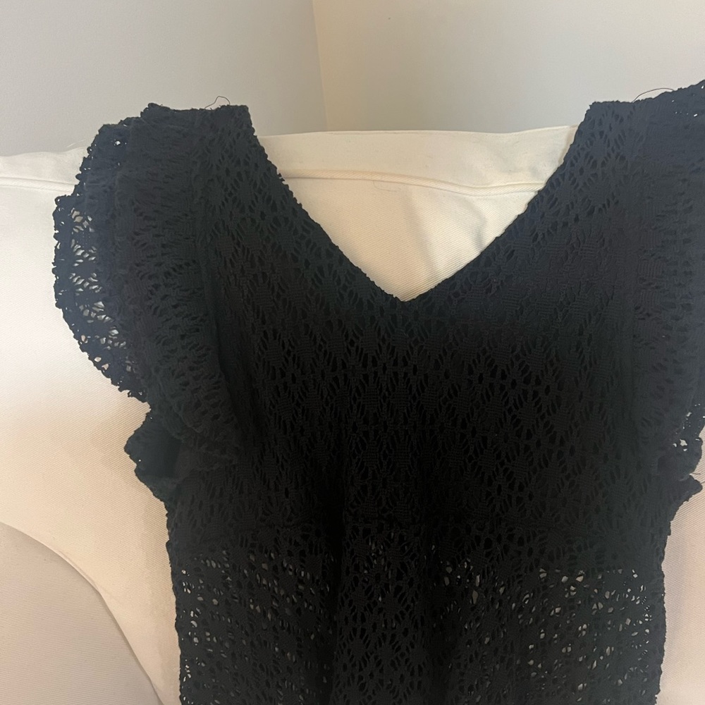 Black embroidered top with tortoiseshell front accent